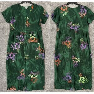 Go Fish Tropical Floral Batik Button Down‎ Maxi Dress Large Island Beach Vtg